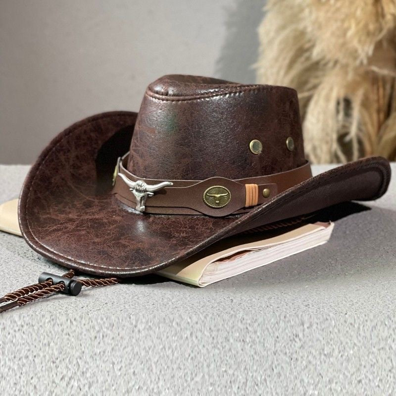 Sombrero retro de caballero con cabeza de toro agrietada de vaquero