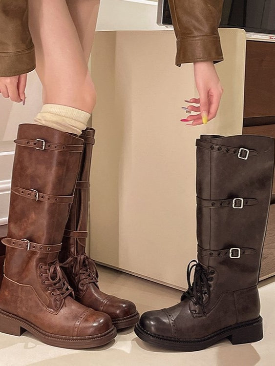 Botas Martin de estilo retro desgastadas con punta cuadrada y cordones