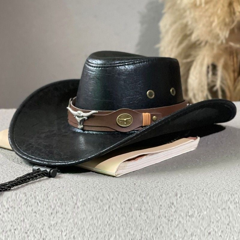 Sombrero retro de caballero con cabeza de toro agrietada de vaquero