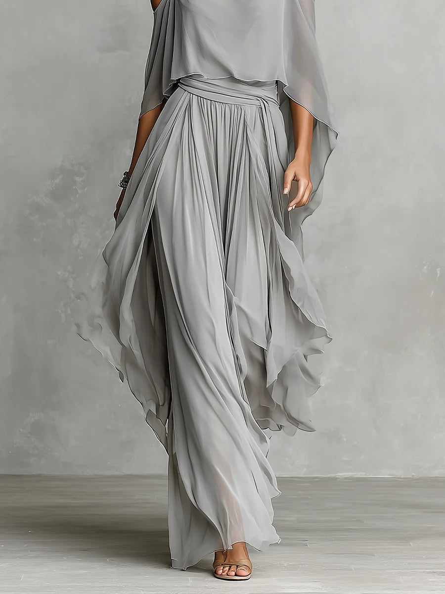 Isabella™ | Conjunto vaporoso con blusa gris de tirantes y hombros descubiertos y pantalones de chiffón