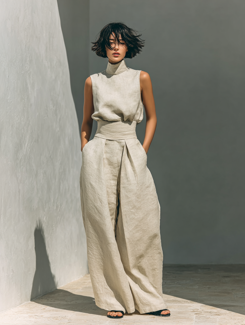 Maria - Conjunto de camiseta sin mangas y pantalones anchos en algodón y lino minimalista para mujer