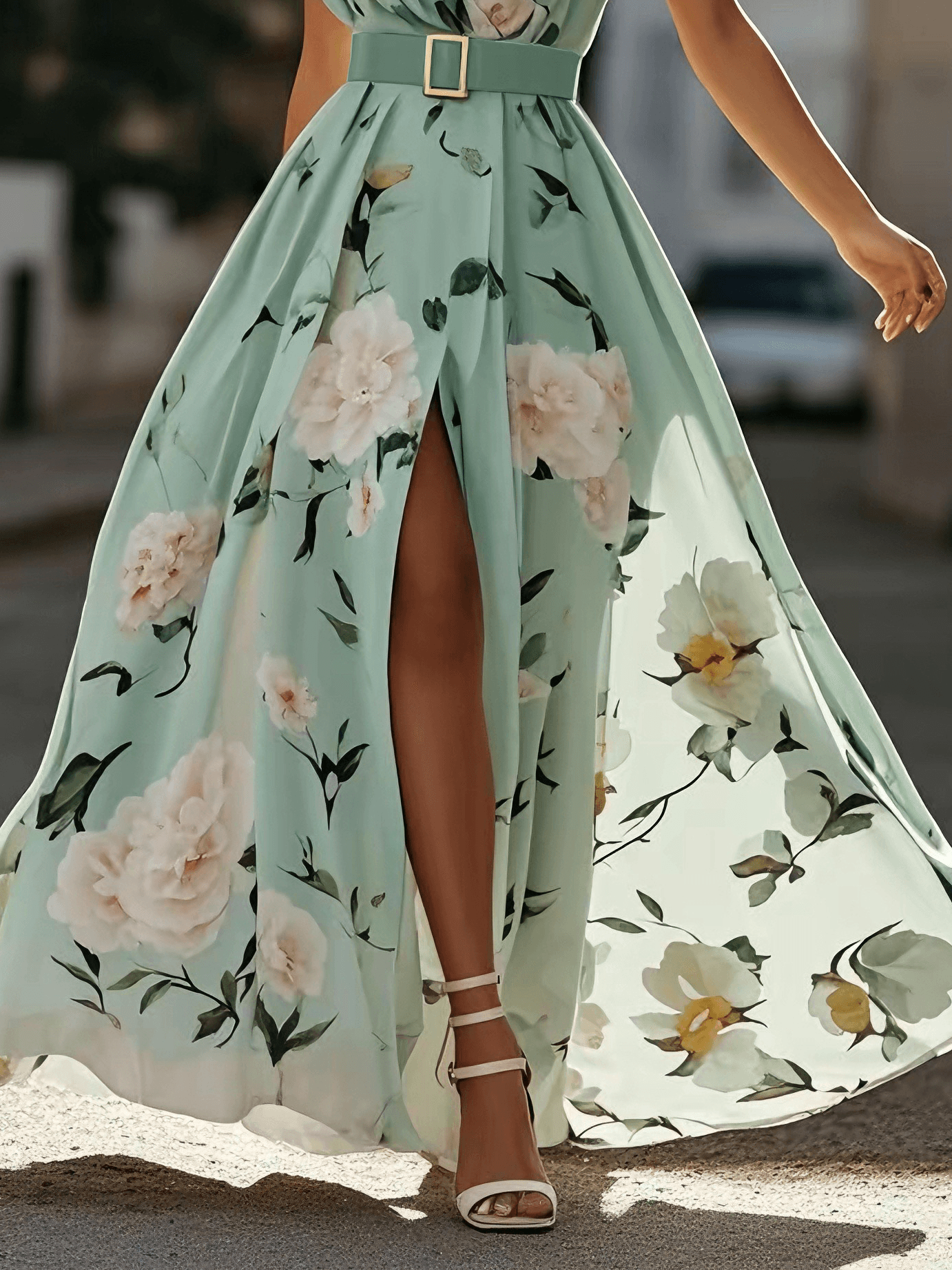 Anna | Vestido maxi verde claro floral de un solo hombro