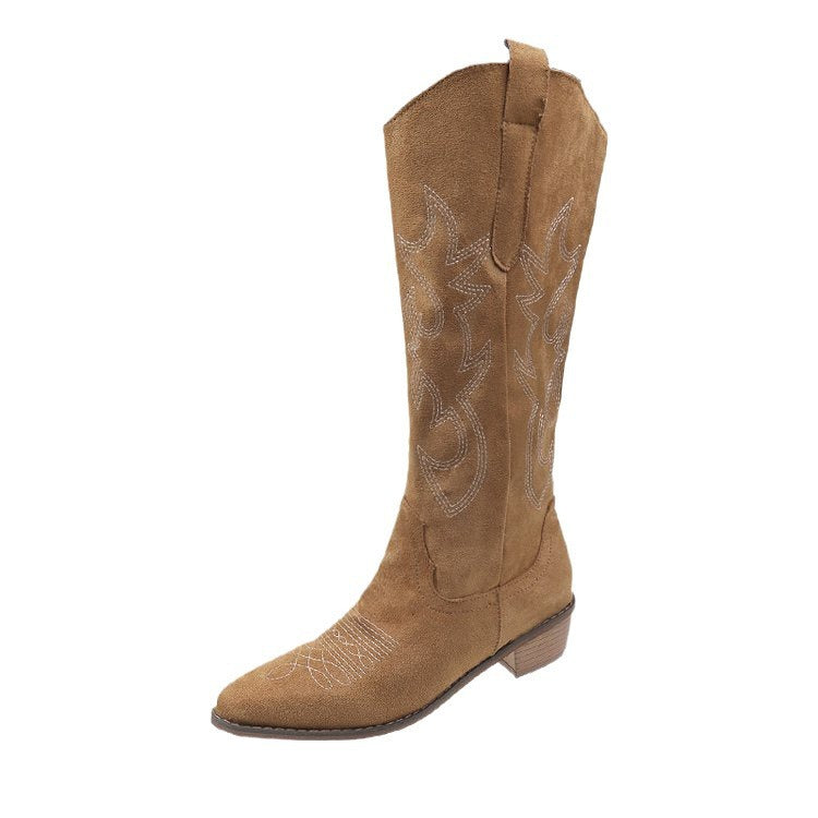 Botines vaqueros de mezclilla con bordado, tacón grueso y caña alta