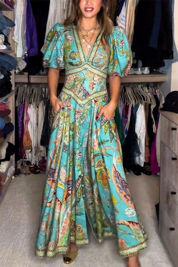 Vestido maxi ligero con mangas abullonadas y escote en V