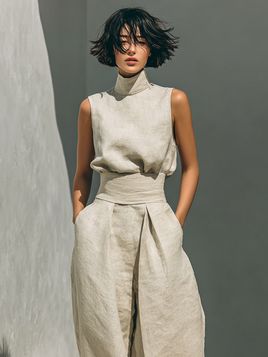 Maria - Conjunto de camiseta sin mangas y pantalones anchos en algodón y lino minimalista para mujer