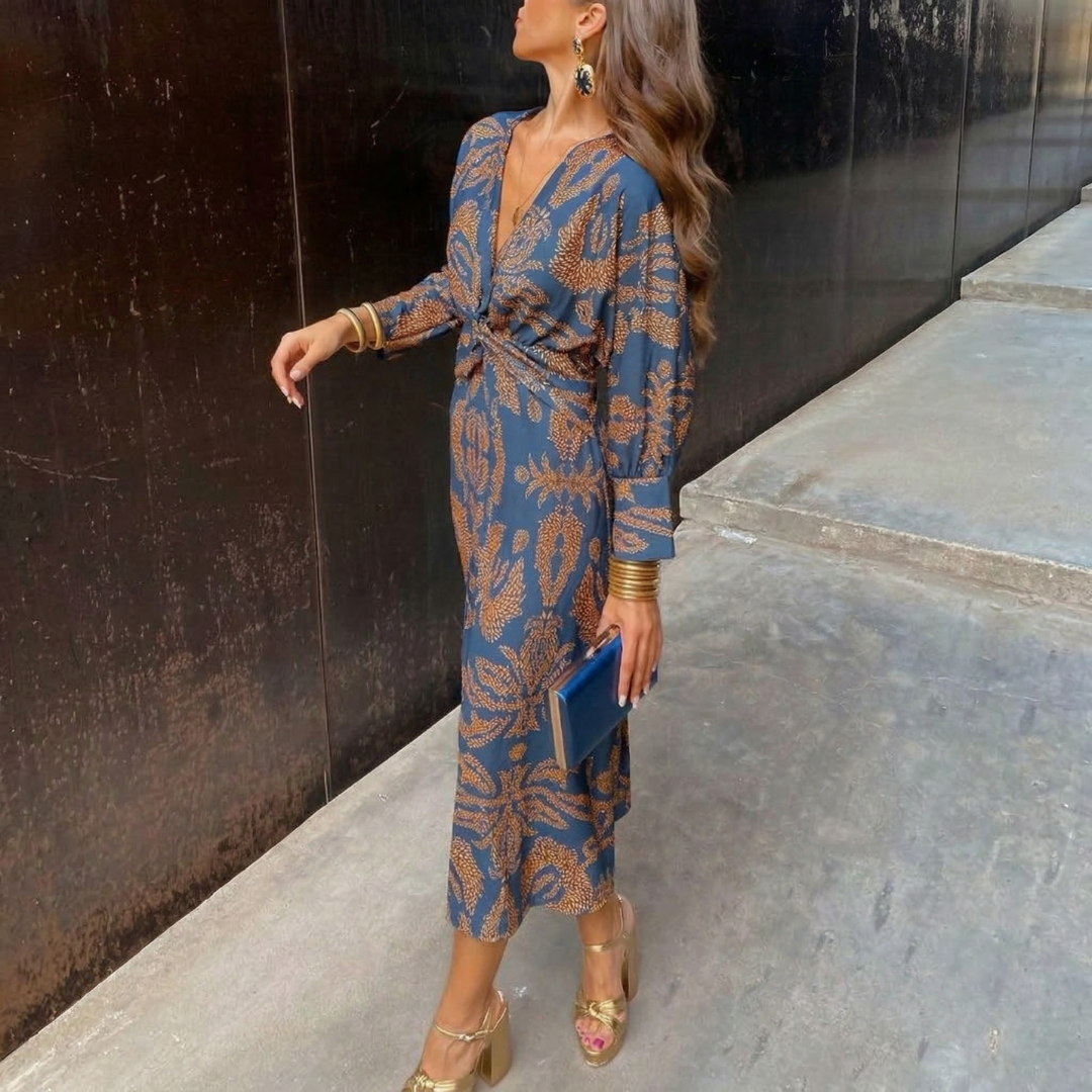 Isadora™ – Vestido Midi Elegante con Nudo en la Cintura y Estampado Artístico