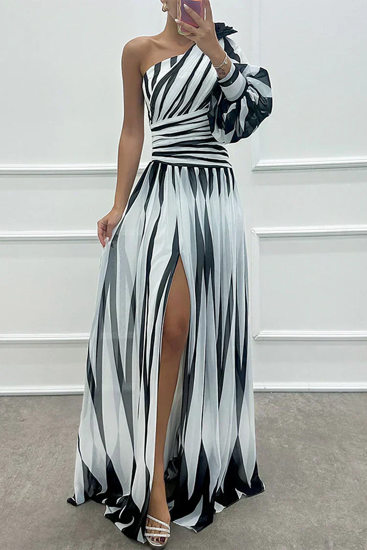 Shiloh - Vestido maxi elegante a rayas de un solo hombro