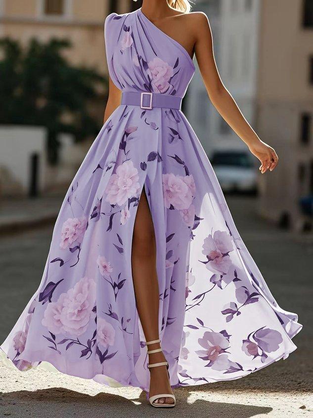 Anna | Vestido maxi verde claro floral de un solo hombro