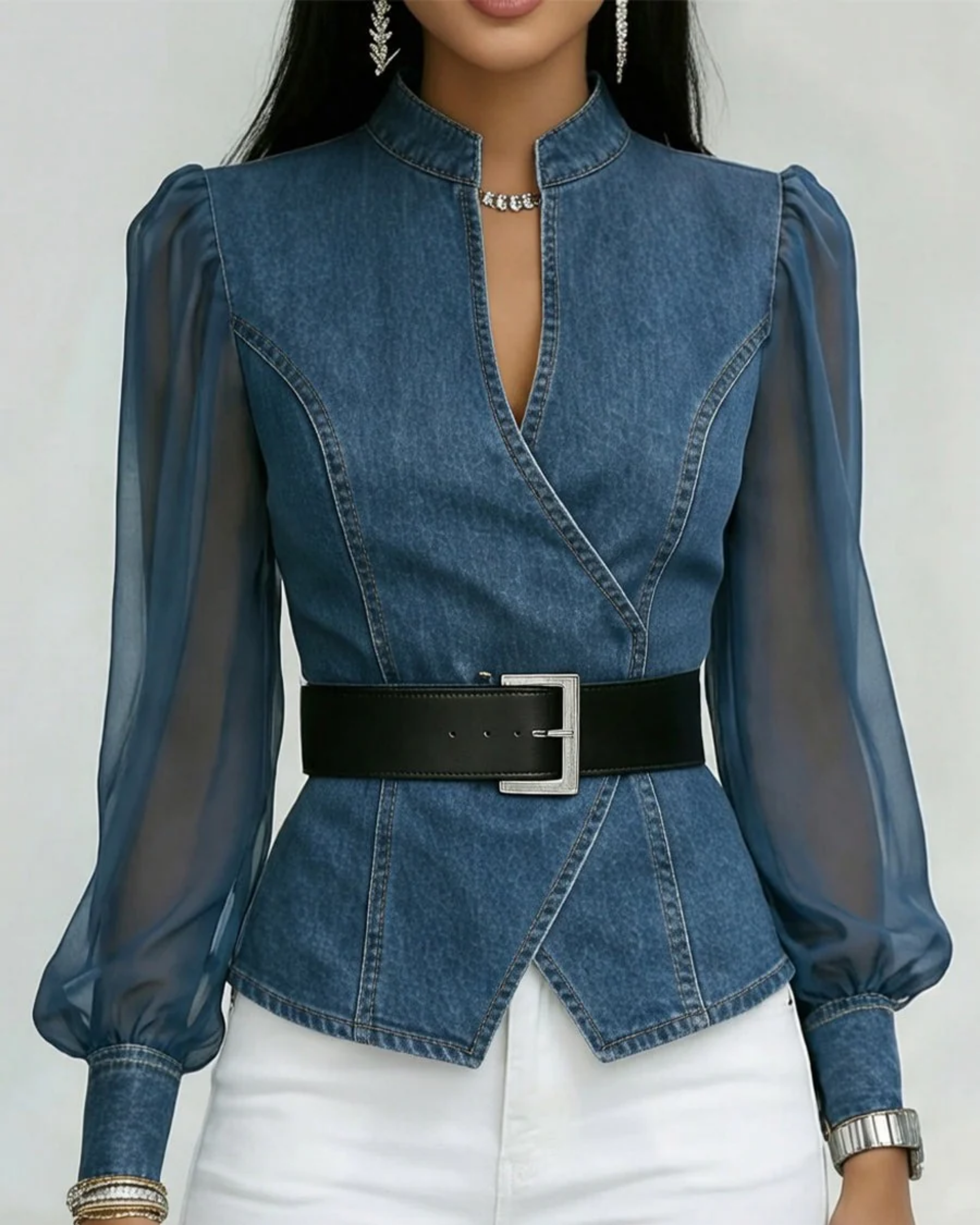 Alessia | Top de denim con mangas de chiffón ligero