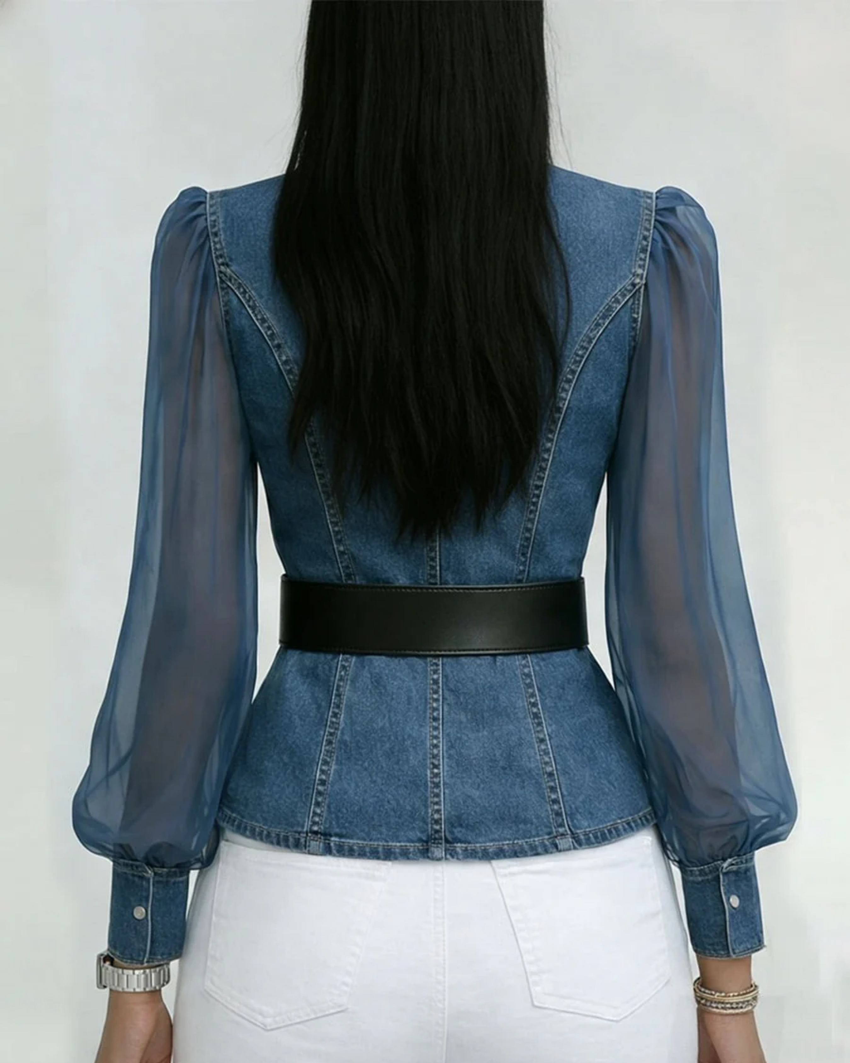 Alessia | Top de denim con mangas de chiffón ligero