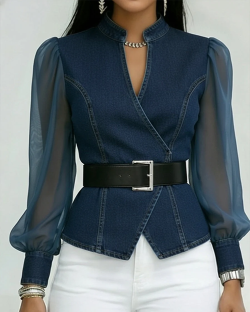 Alessia | Top de denim con mangas de chiffón ligero