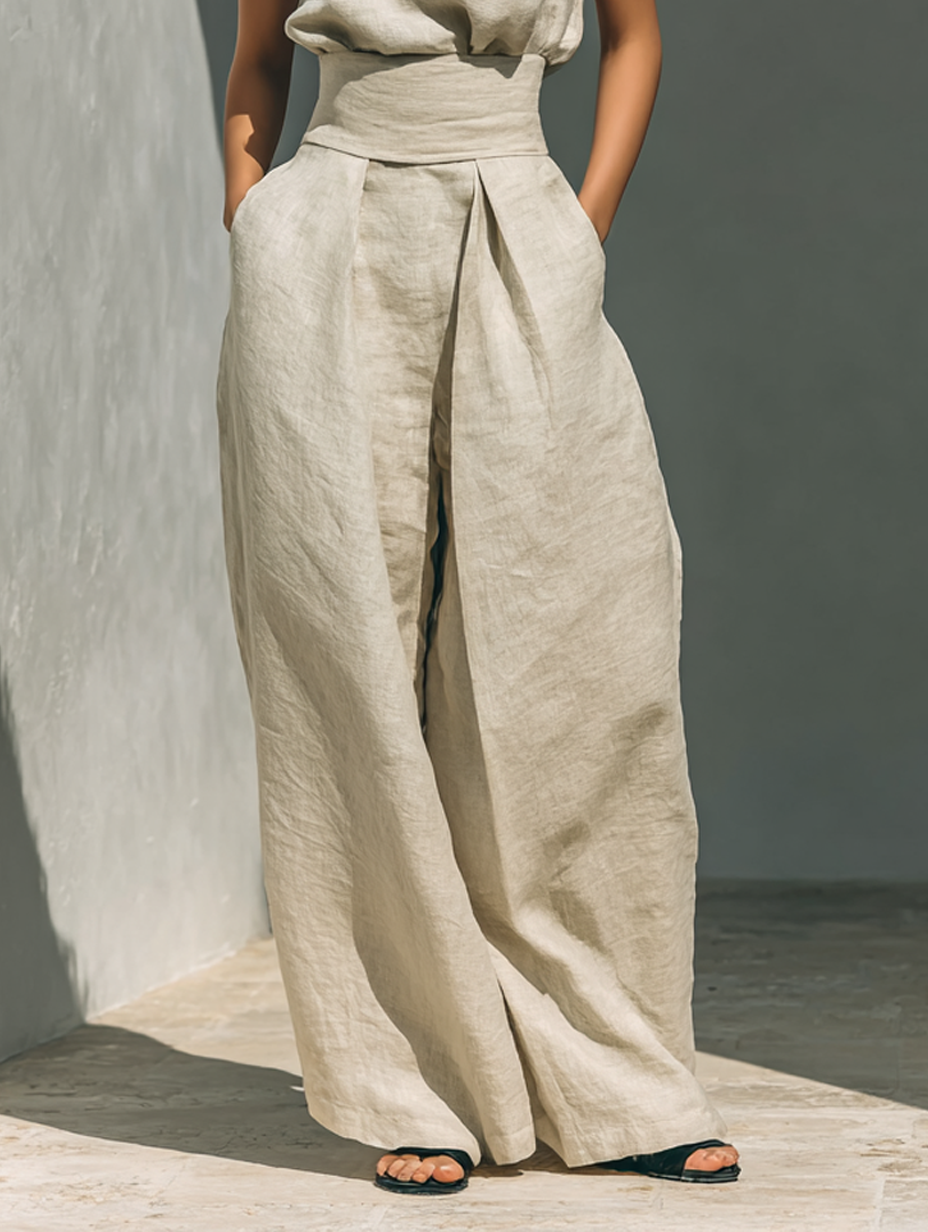 Maria - Conjunto de camiseta sin mangas y pantalones anchos en algodón y lino minimalista para mujer