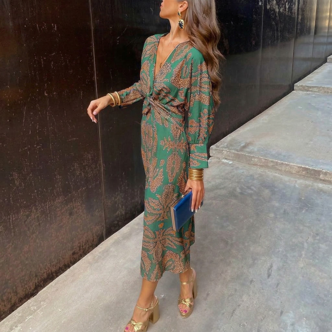 Isadora™ – Vestido Midi Elegante con Nudo en la Cintura y Estampado Artístico