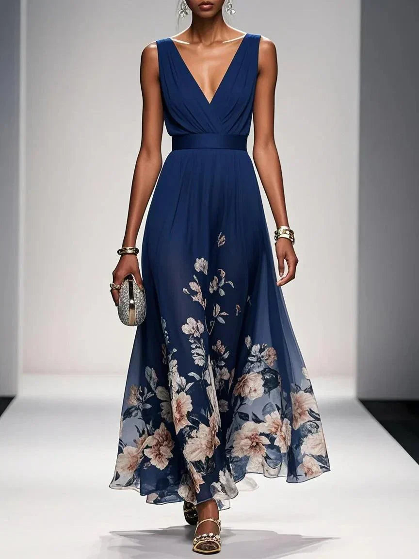 Rosa | Vestido maxi de chifón azul claro con escote en corazón
