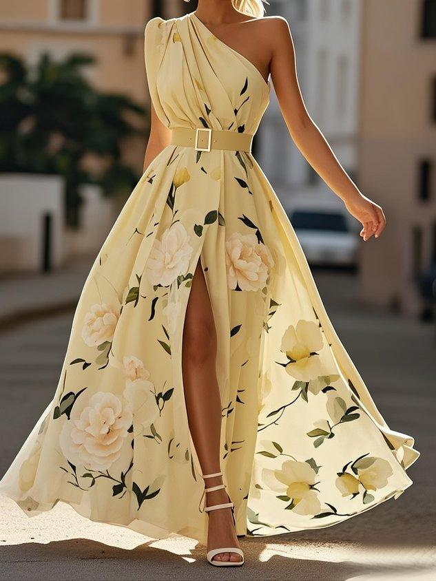 Anna | Vestido maxi verde claro floral de un solo hombro