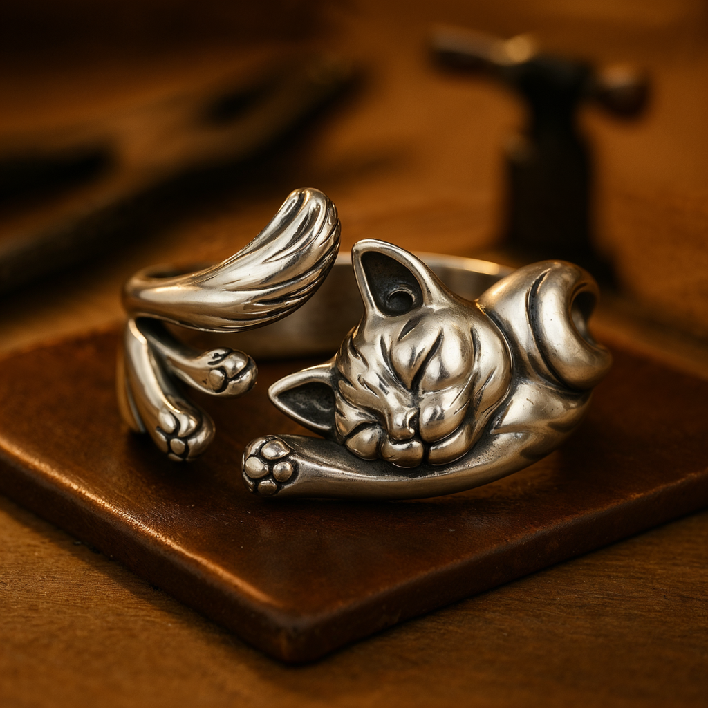 Anillo vintage con gato en plata