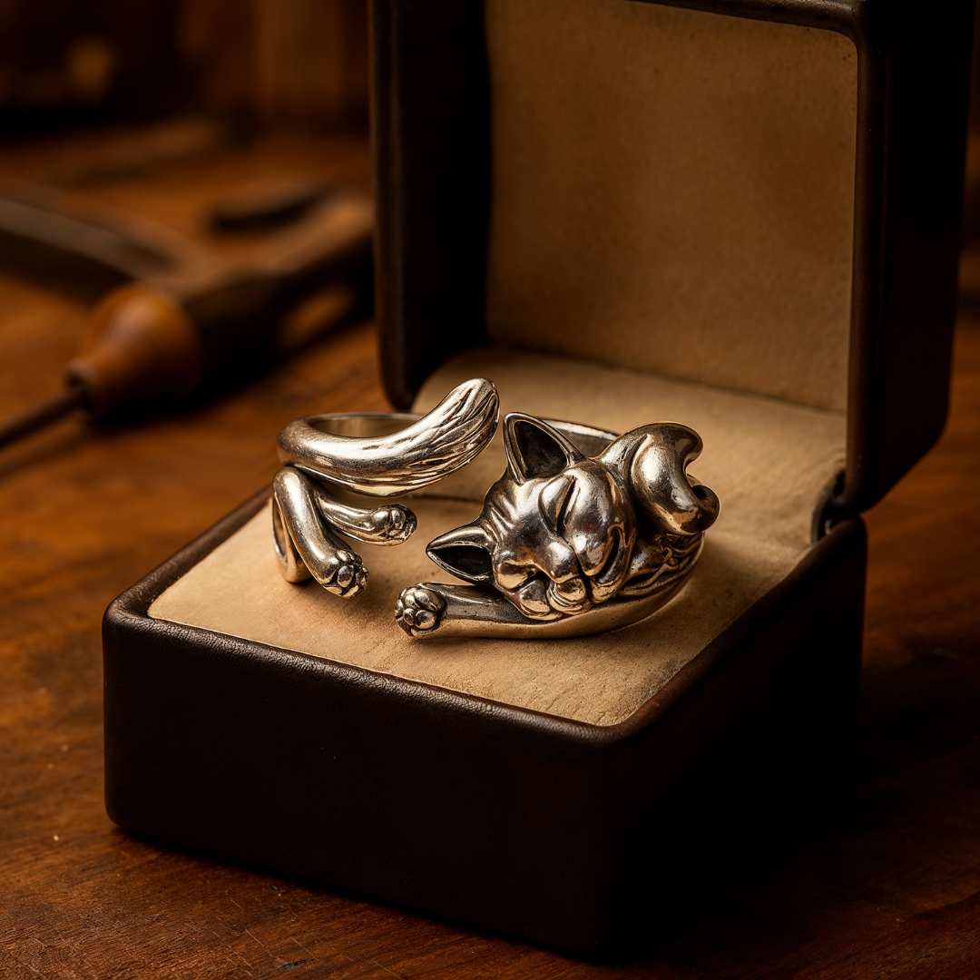Anillo vintage con gato en plata