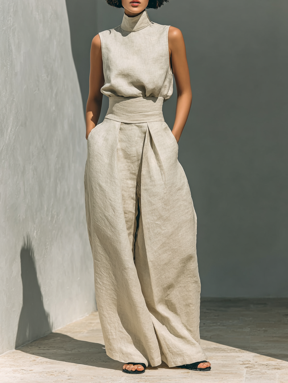 Maria - Conjunto de camiseta sin mangas y pantalones anchos en algodón y lino minimalista para mujer