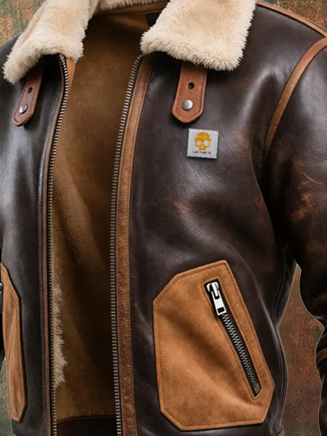 ROBERT™ | Chaqueta de cuero marrón cálida con cuello de sherpa