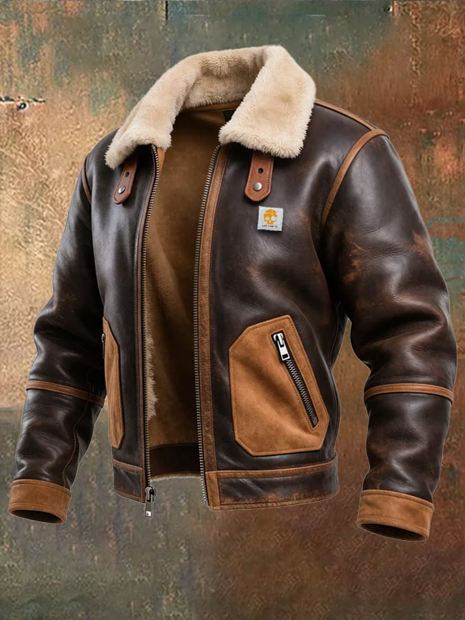 ROBERT™ | Chaqueta de cuero marrón cálida con cuello de sherpa