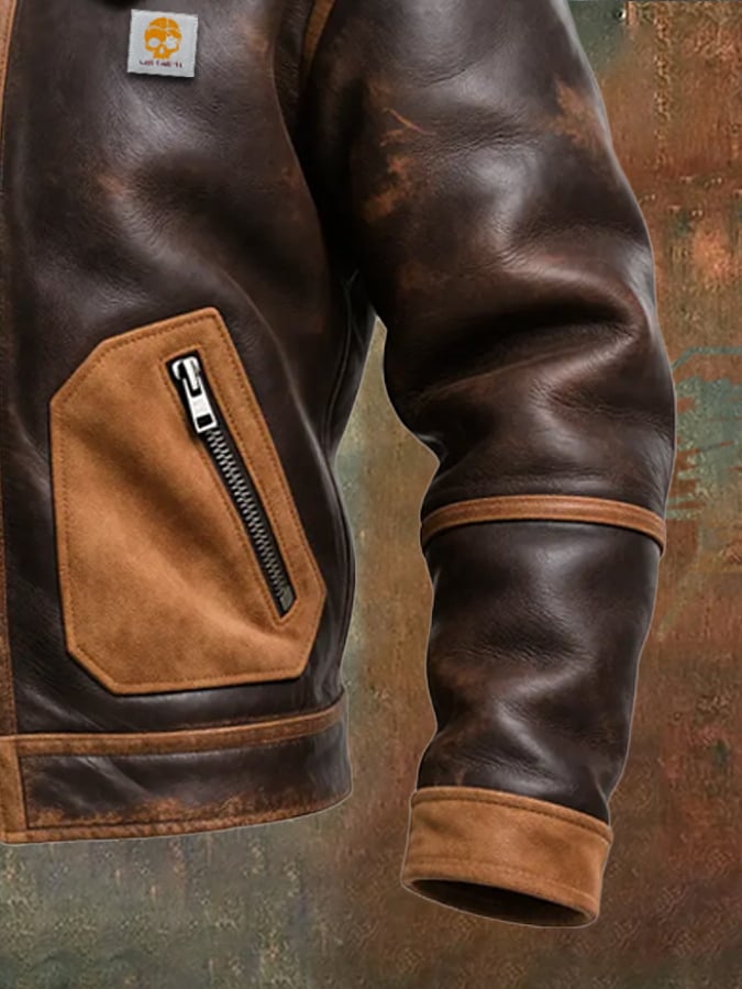 ROBERT™ | Chaqueta de cuero marrón cálida con cuello de sherpa