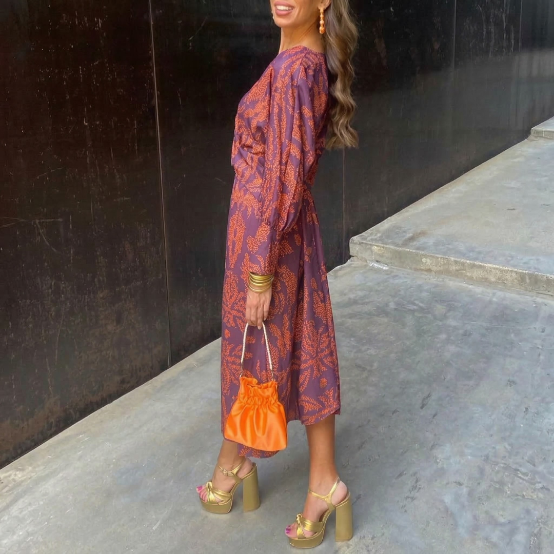 Isadora™ – Vestido Midi Elegante con Nudo en la Cintura y Estampado Artístico