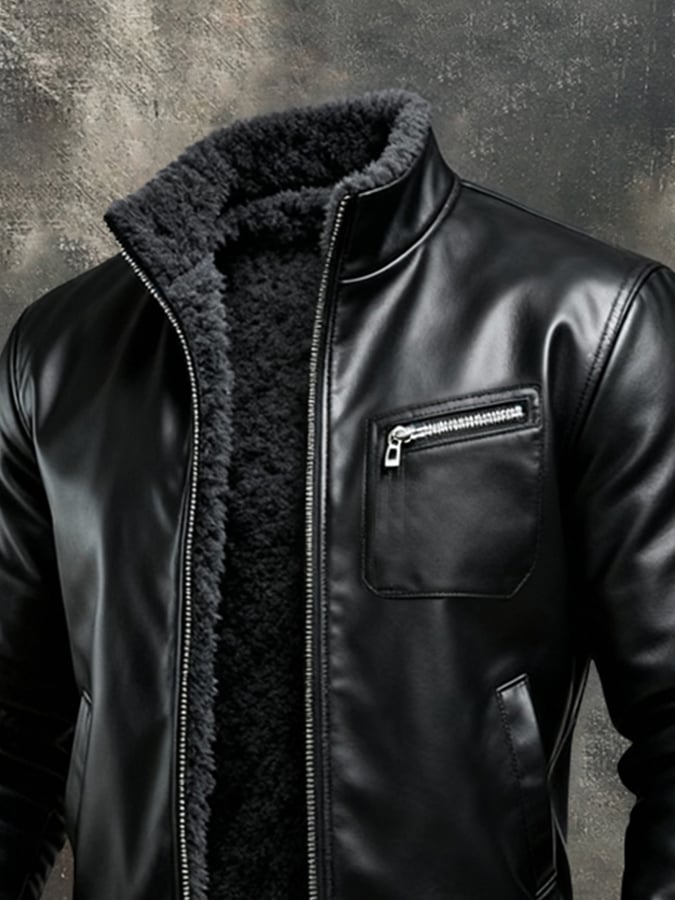 MATEUSZ™ | Chaqueta de cuero negra cálida con forro sherpa