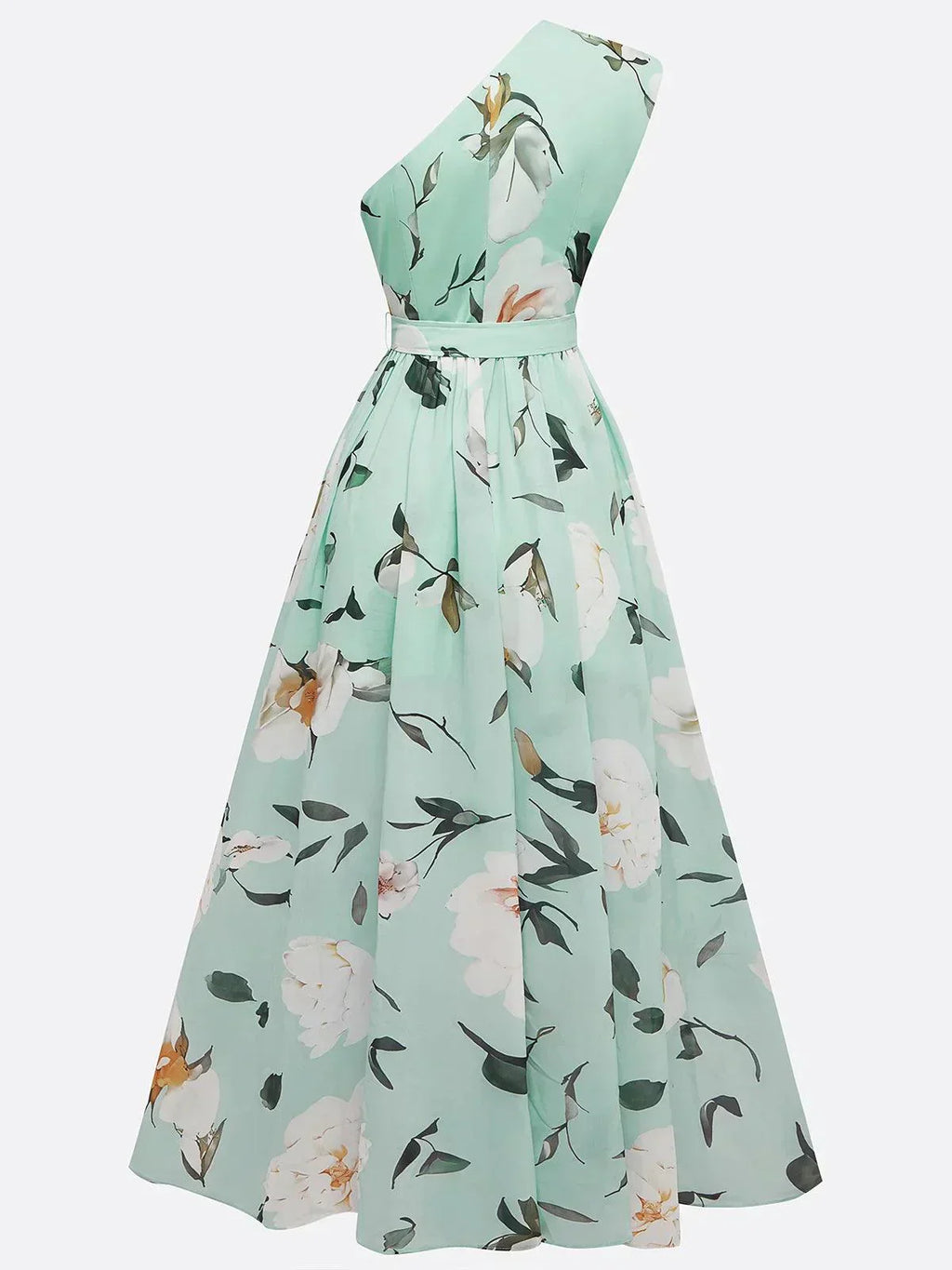 Anna | Vestido maxi verde claro floral de un solo hombro