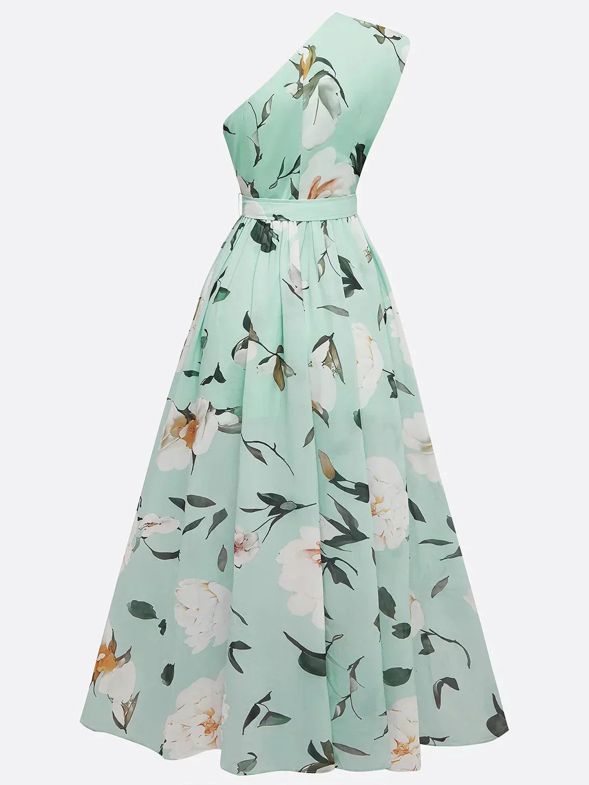 Anna | Vestido maxi verde claro floral de un solo hombro