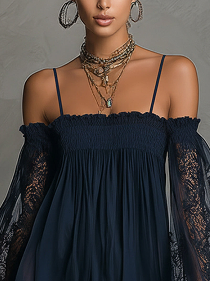 Noemi™ | Vestido mini azul marino con hombros descubiertos y encaje