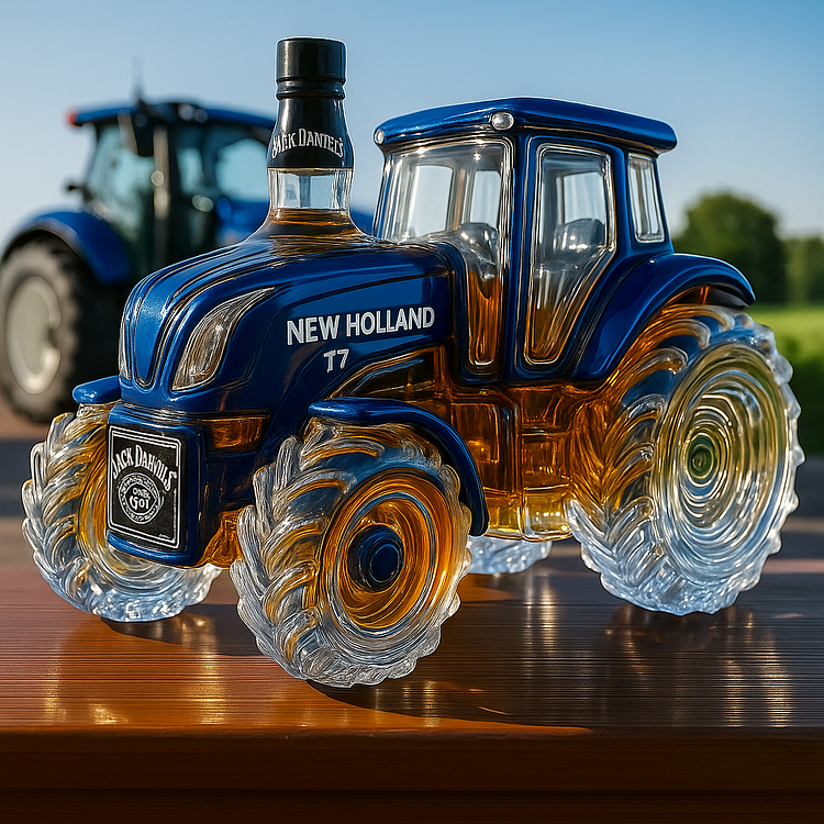 Botella de whisky clásica con forma de tractor New Holland T7.