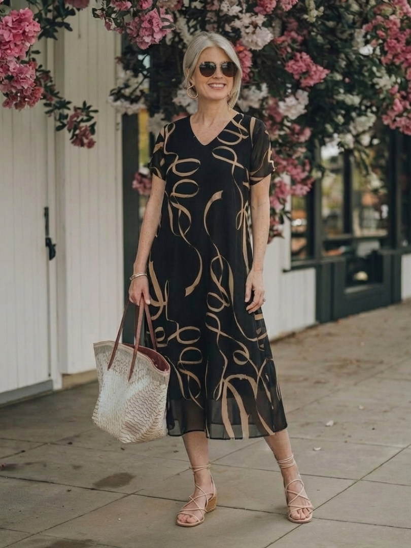Adèle – Vestido midi fluido estampado abstracto