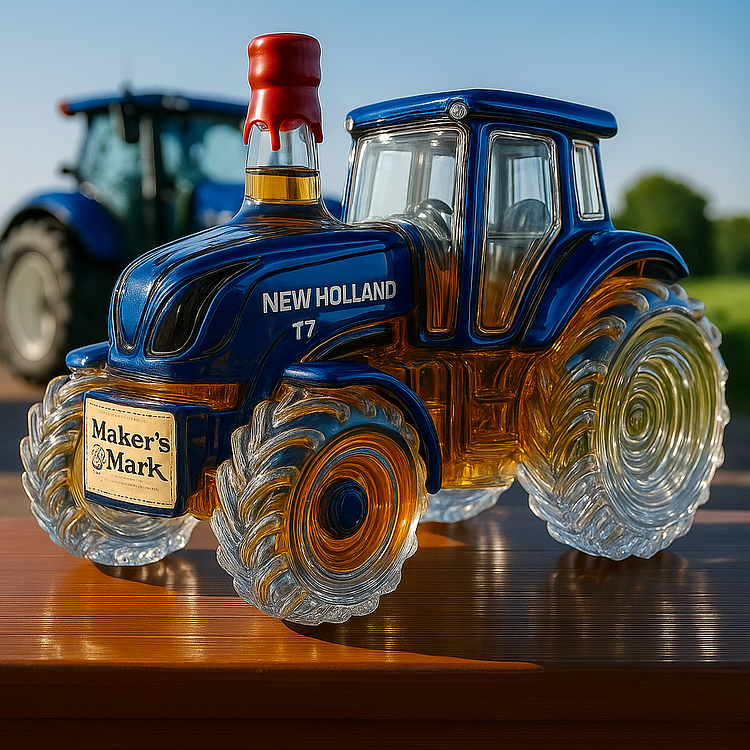 Botella de whisky clásica con forma de tractor New Holland T7.