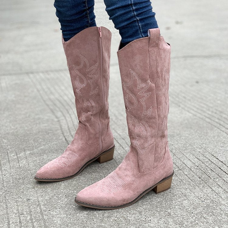 Botines vaqueros de mezclilla con bordado, tacón grueso y caña alta