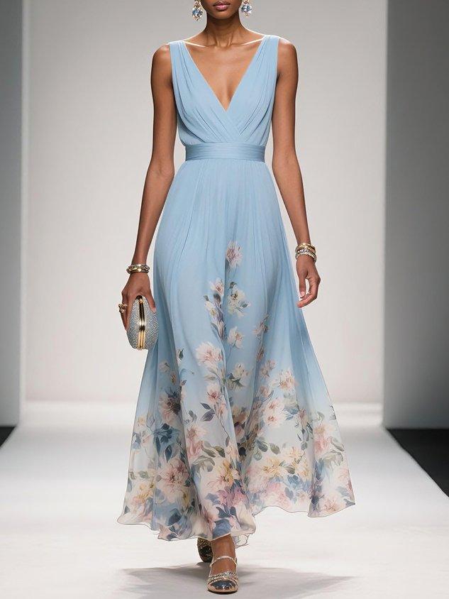 Rosa | Vestido maxi de chifón azul claro con escote en corazón