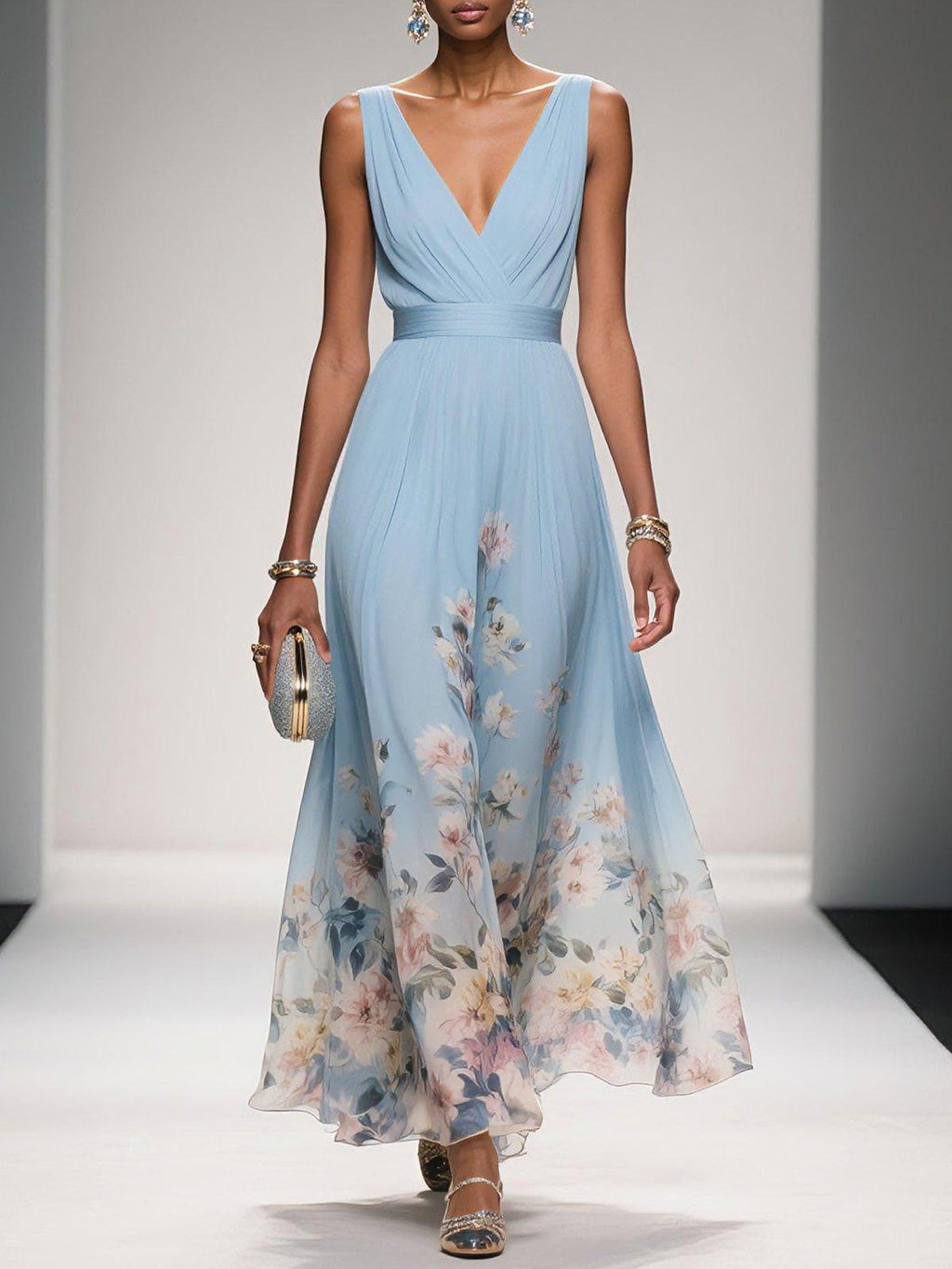 Rosa | Vestido maxi de chifón azul claro con escote en corazón