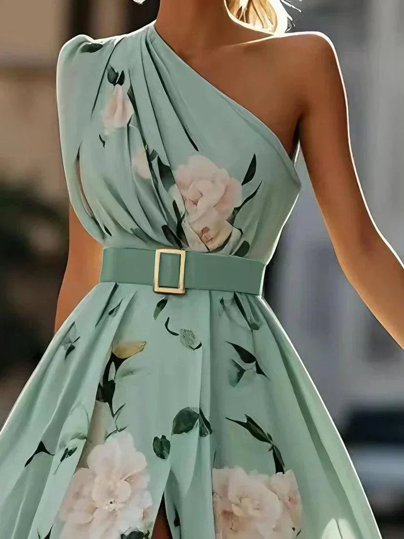 Anna | Vestido maxi verde claro floral de un solo hombro