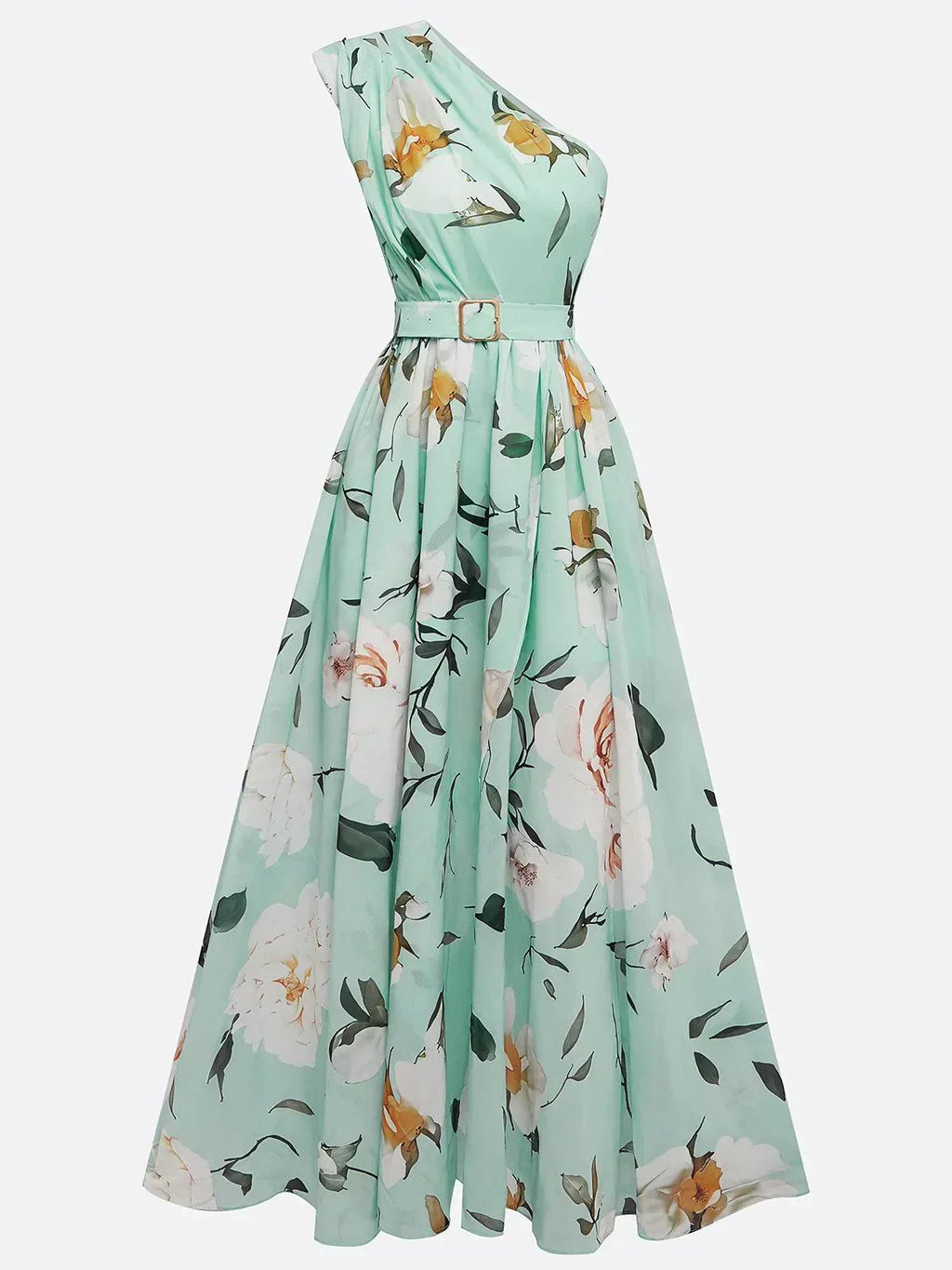 Anna | Vestido maxi verde claro floral de un solo hombro