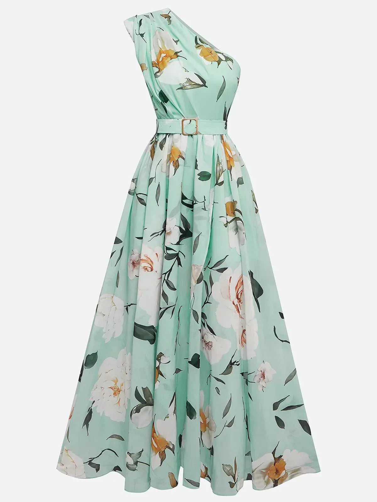 Anna | Vestido maxi verde claro floral de un solo hombro