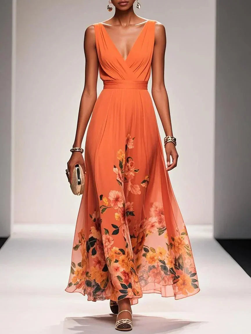 Rosa | Vestido maxi de chifón azul claro con escote en corazón