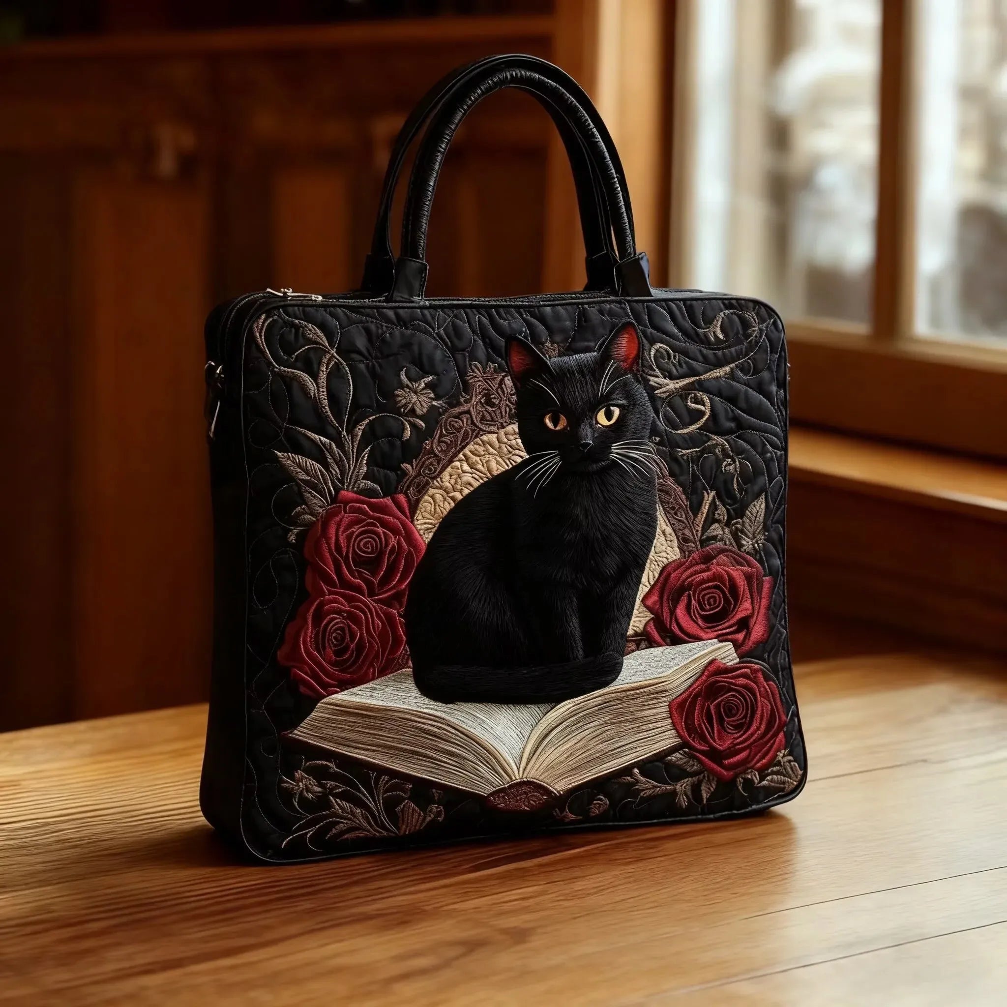 Bolso artesanal acolchado con correas oscuras