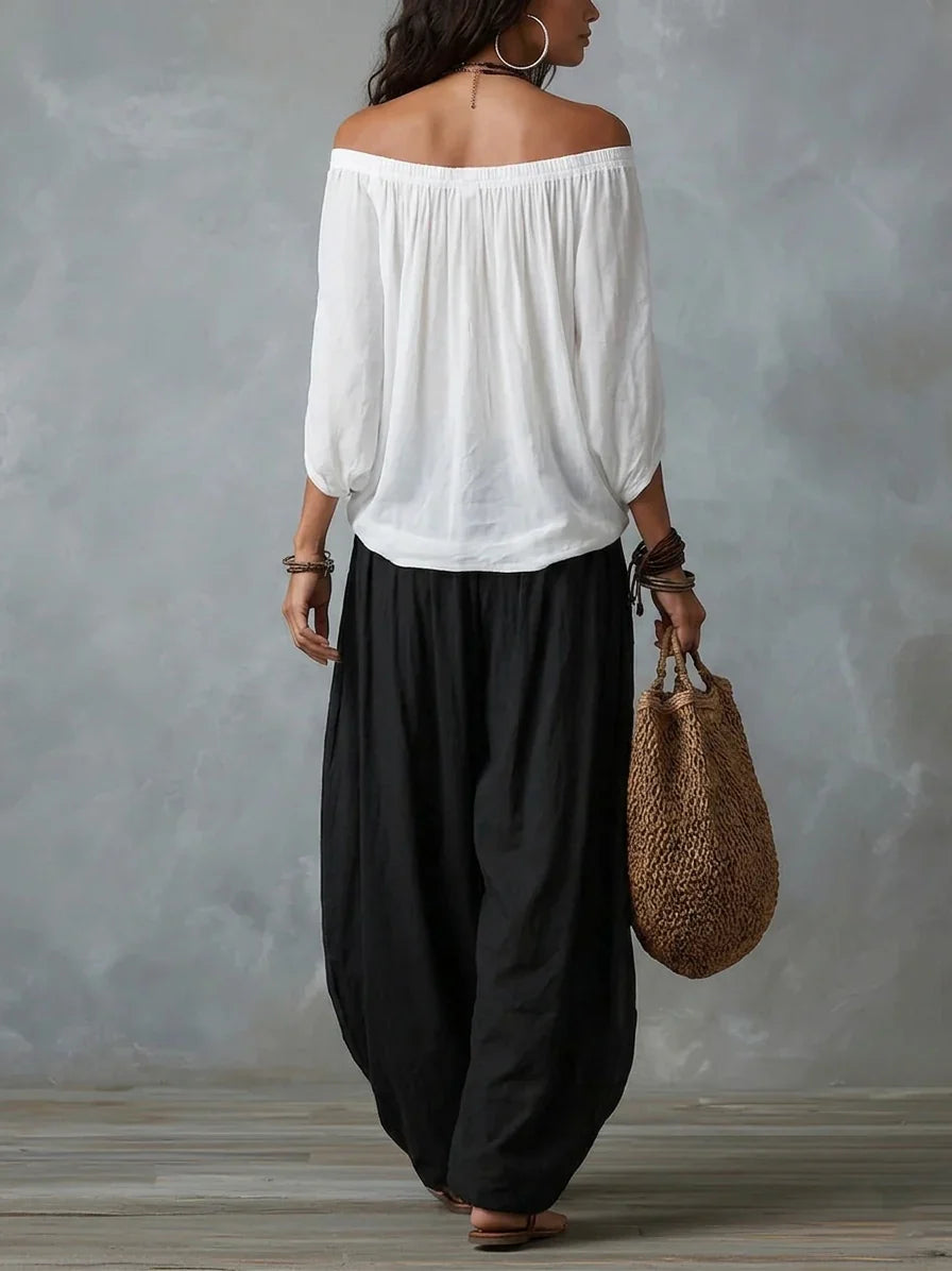 Conjunto Top Off-Shoulder y Pantalones Linterna