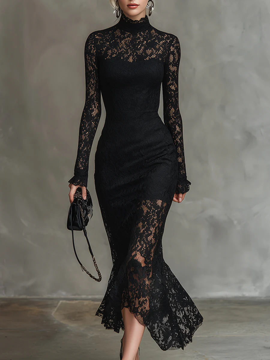 Elisabetta - Elegante Vestido Maxi de Sirena en Encaje Negro Elástico
