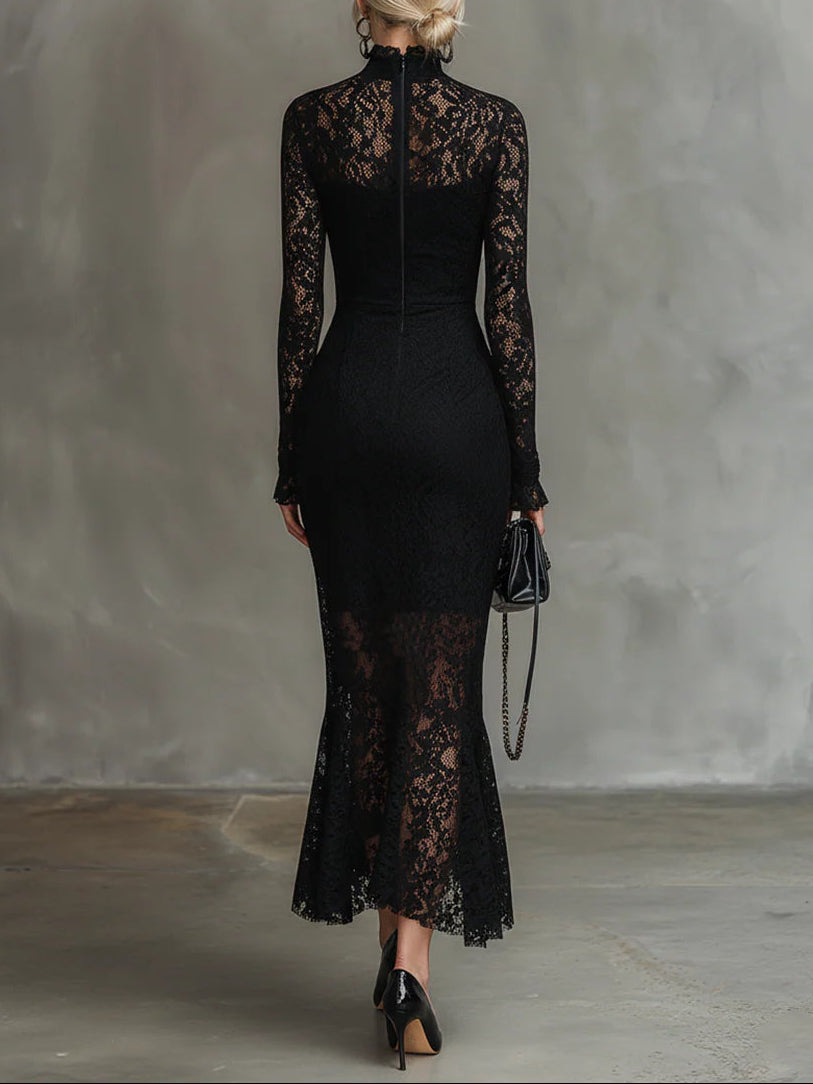Elisabetta - Elegante Vestido Maxi de Sirena en Encaje Negro Elástico