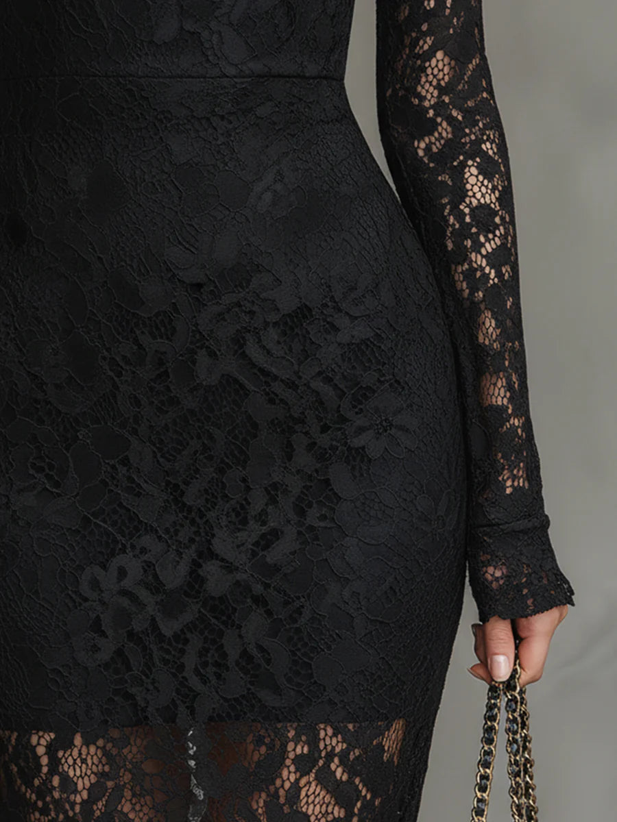 Elisabetta - Elegante Vestido Maxi de Sirena en Encaje Negro Elástico