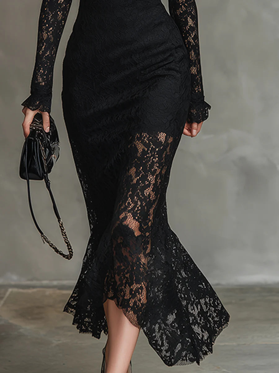 Elisabetta - Elegante Vestido Maxi de Sirena en Encaje Negro Elástico
