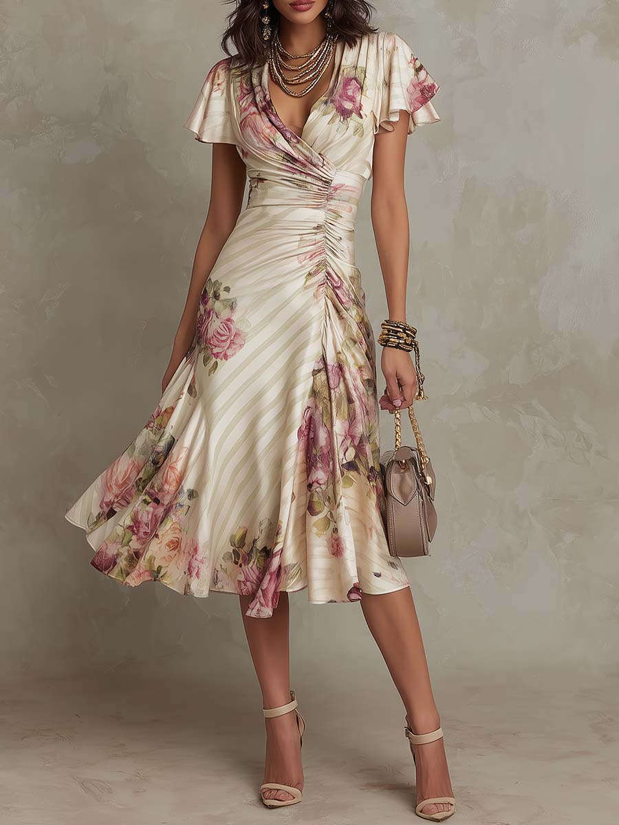 Alba™ | Vestido midi de satén elegante de estilo retro con estampado floral