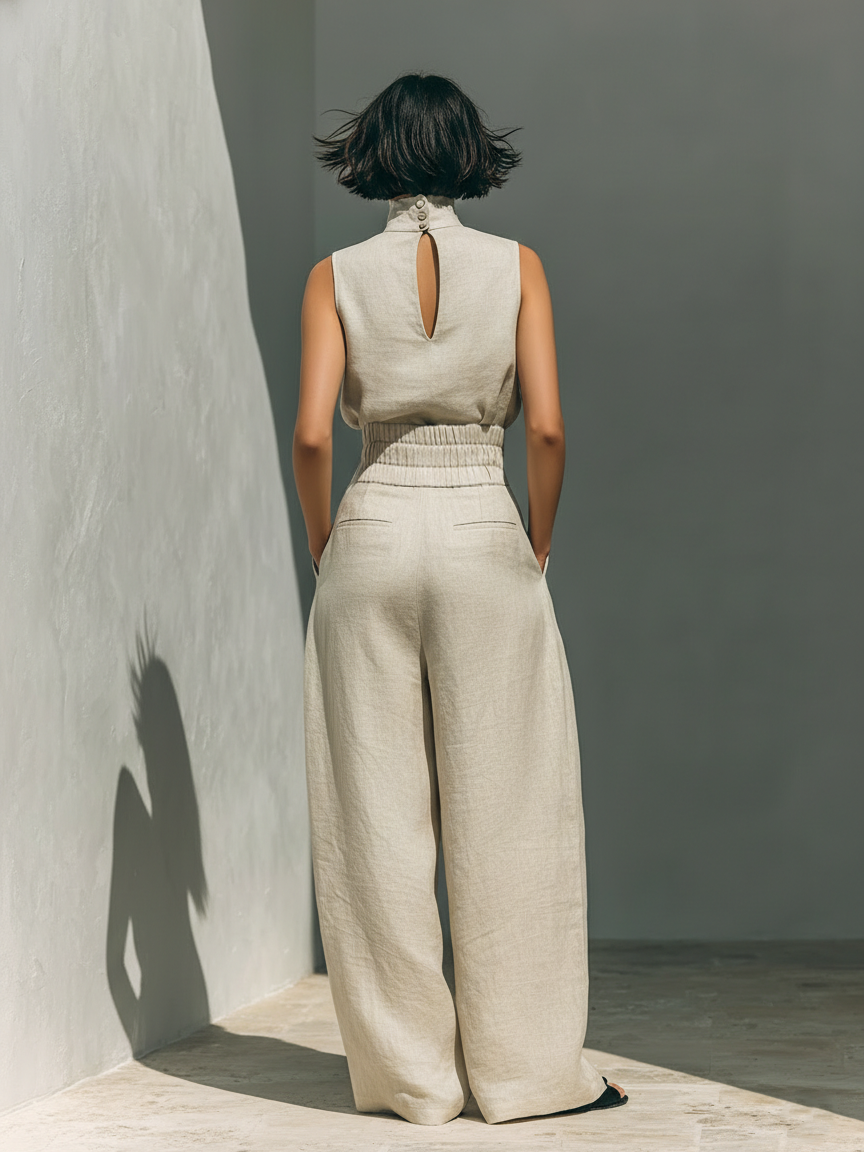 Maria - Conjunto de camiseta sin mangas y pantalones anchos en algodón y lino minimalista para mujer