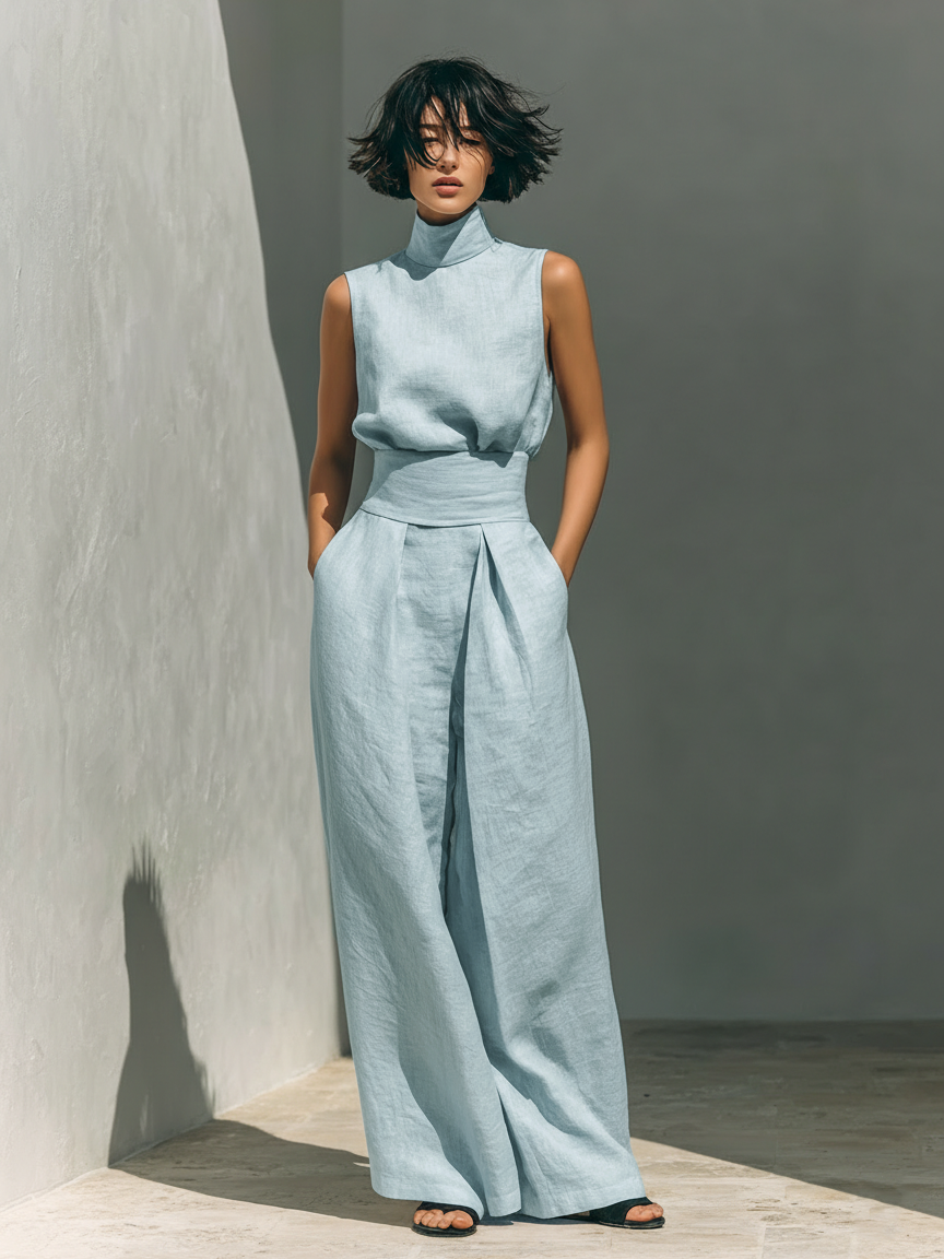 Maria - Conjunto de camiseta sin mangas y pantalones anchos en algodón y lino minimalista para mujer