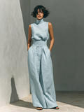 Maria - Conjunto de camiseta sin mangas y pantalones anchos en algodón y lino minimalista para mujer